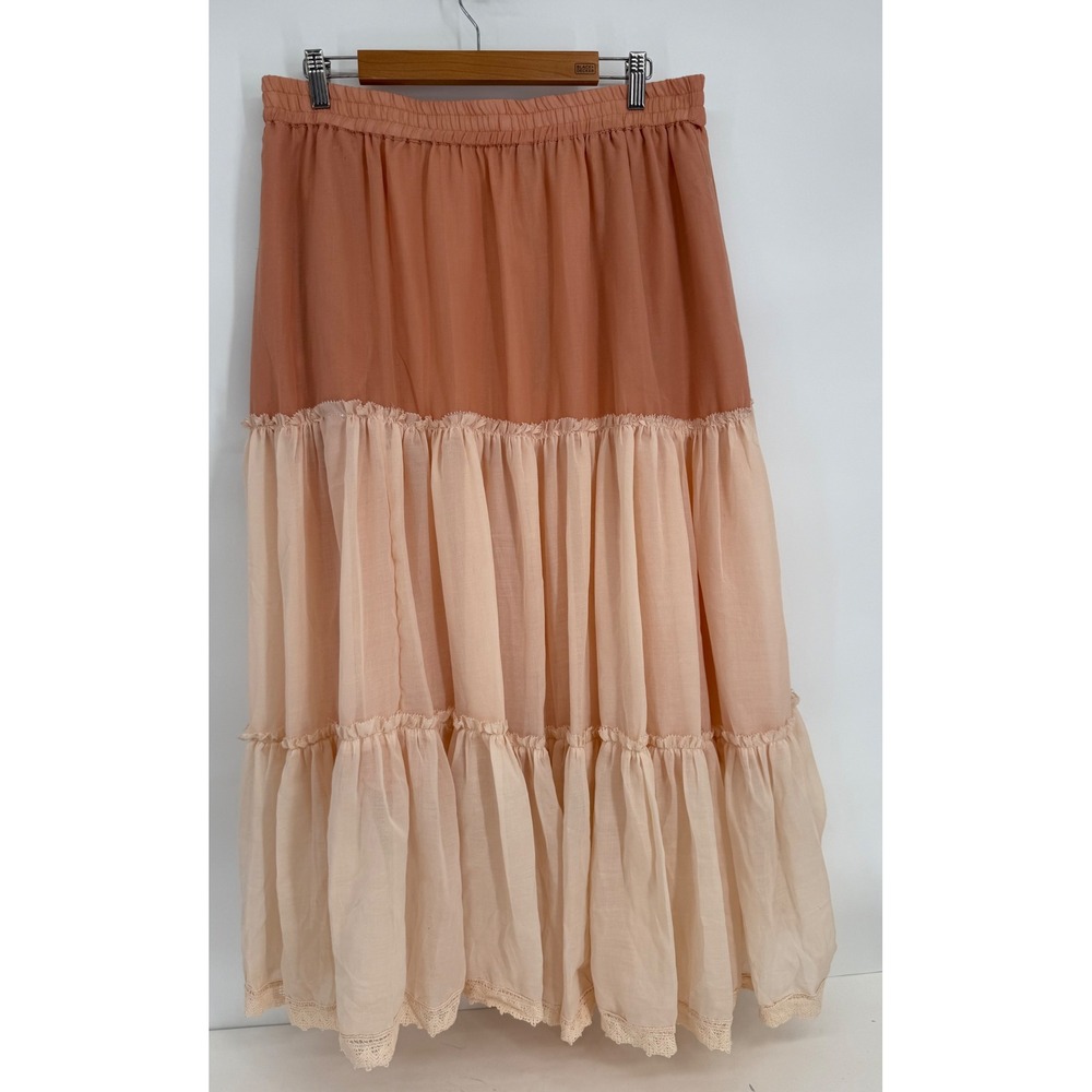Tahari Peach Tonal Tiered Cotton Maxi Skirt Sz XL NWT Ruffle Lace Hem Orig. $68